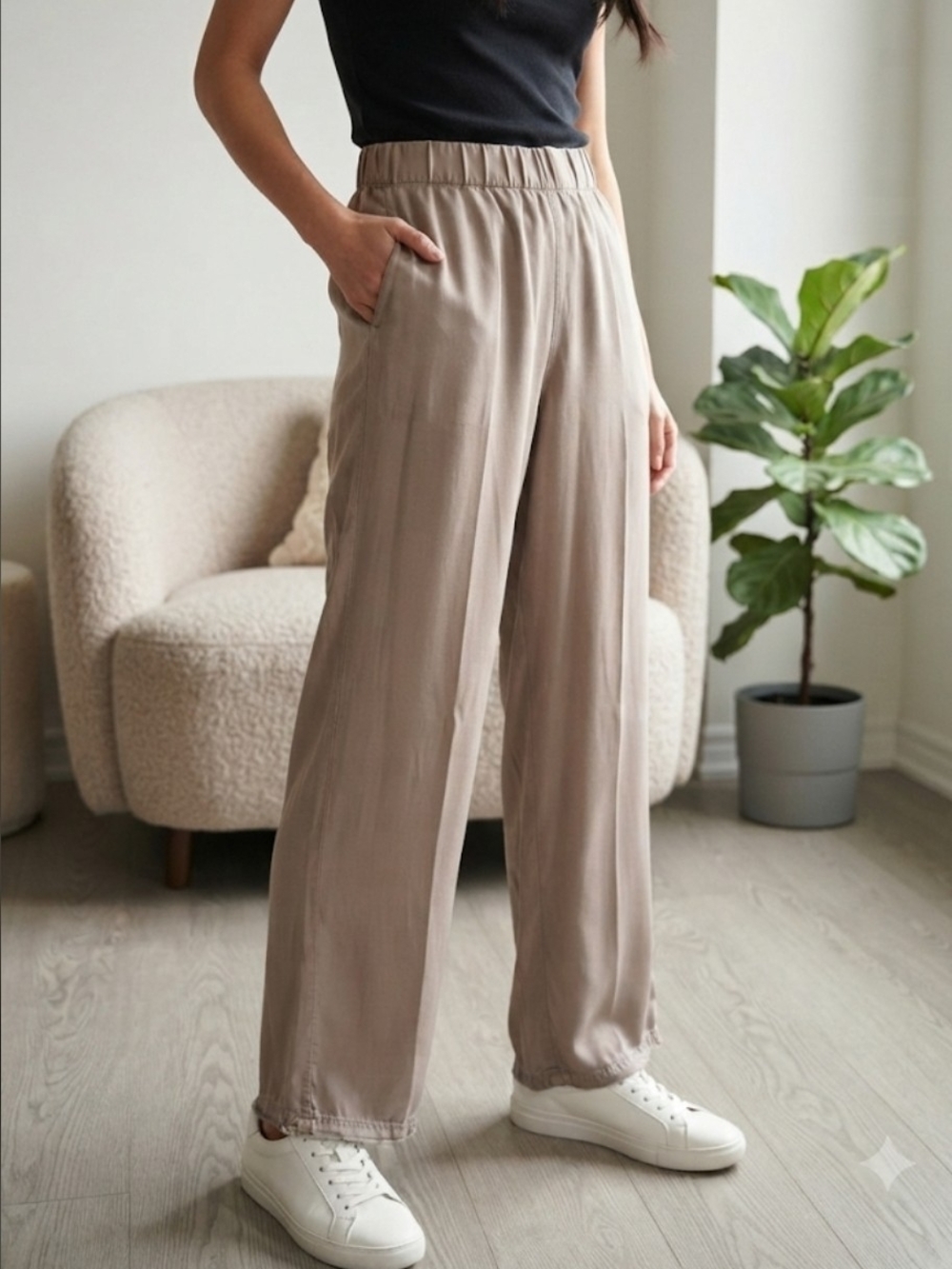 Peck & Peck Neutral Taupe Wide-Leg Elastic Waist Pants